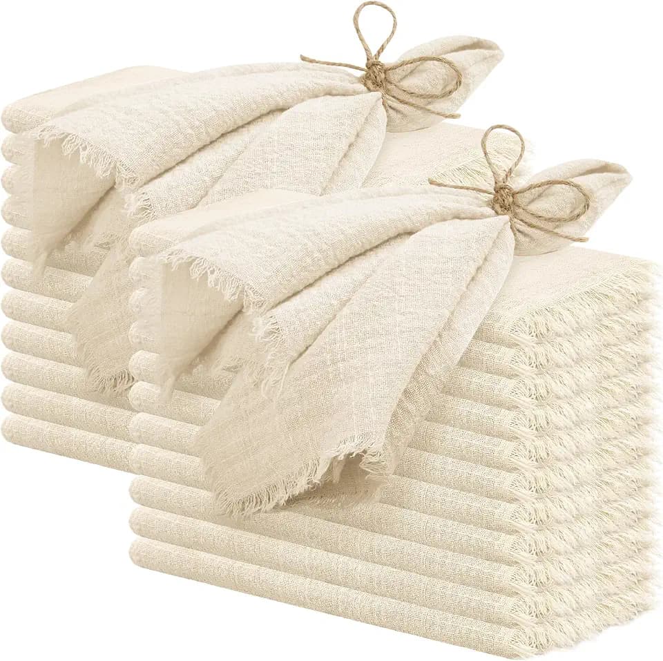 Pesonlook 24 Pcs Natural Cotton Linen Napkins with Fringe, 16x16 Inches