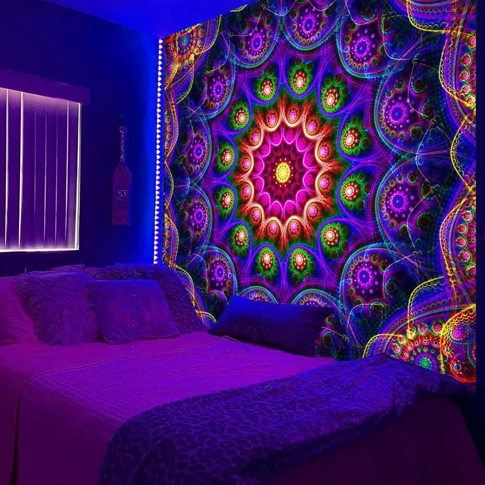PSYHILAR Blacklight Trippy Mandala Tapestry, Boho Black Light Posters for Adults UV Reactive Room Decor for Bedroom Wall (60 x 50 Inches)