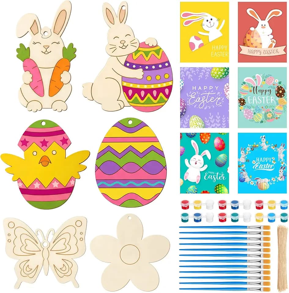 Chumia 60 Pcs Spring Wooden Ornament Craft Kit to Paint Unfinished Wood Flower Butterfly Egg Decoration 12 Wood DIY Ornament, 12 Drawing Brush, 12 Paint, 12 Gift Card, 12 Rope for Spring Party Favor