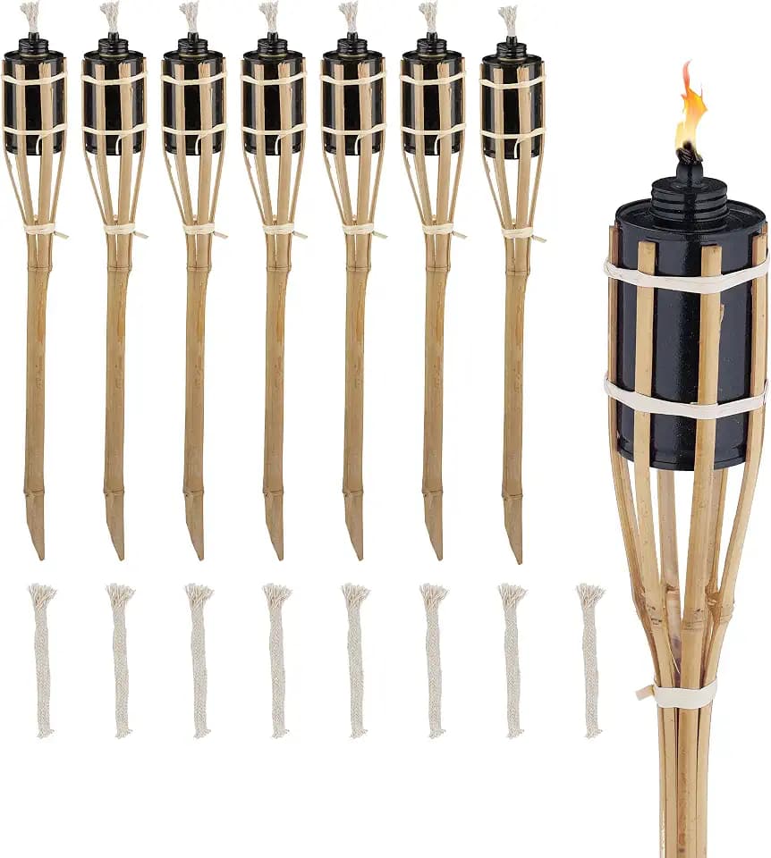 Relaxdays Gartenfackeln für draußen, 8er Set, 50 cm, Bambusfackeln Gartenparty Deko, Ölfackeln mit Ersatzdocht, Natur