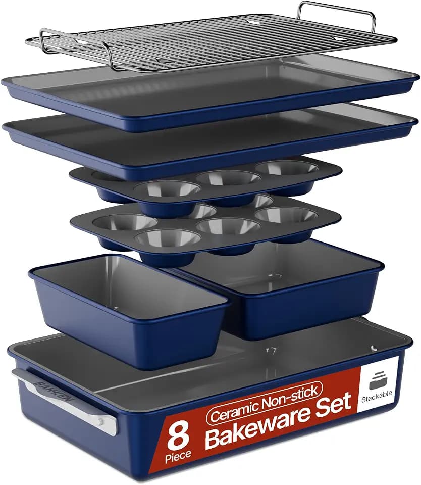 Bakken 8-Piece Ceramic Coated Bakeware Sets, Nonstick Aluminized Steel Pans with Muffin, Loaf, Cake, Roasting Pan, & Cooling Rack, Oven Safe Up To 500°F, Dishwasher Safe, BPA, PTFE & PFAS Free, Blue