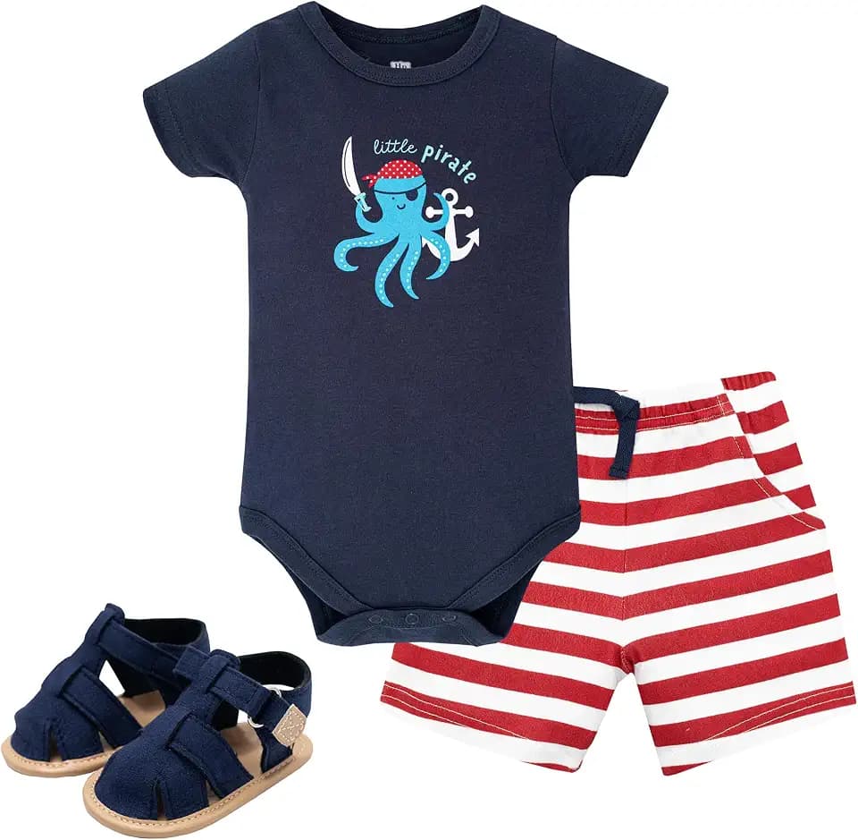 Hudson Baby Unisex Baby Cotton Bodysuit, Shorts and Shoe Set