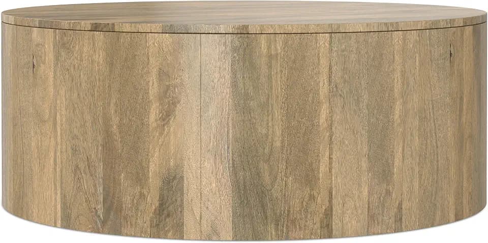 SIMPLIHOME Millbury 36" Wide Solid Wood Drum Coffee Table in Briarsmoke