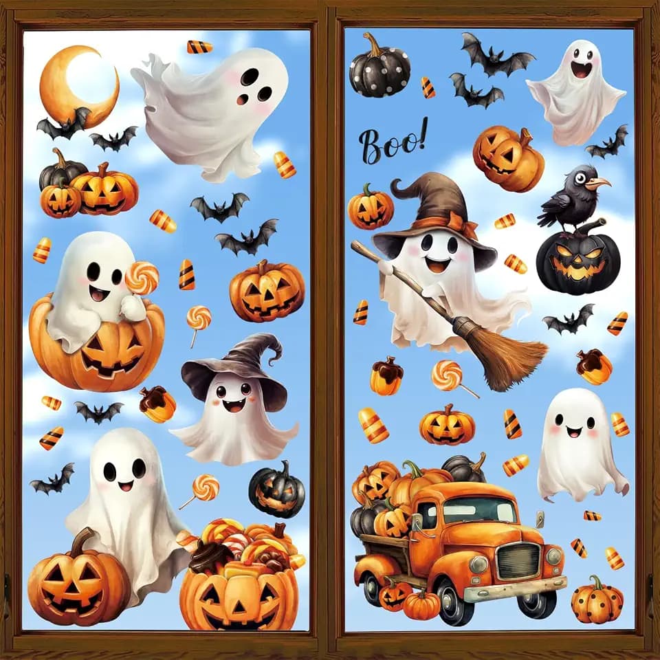 SULOLI 8 Sheet Halloween Window Clings, Ghost Pumpkin Bat Reusable Window Stickers Double Decals for Glass Window Halloween Decoration