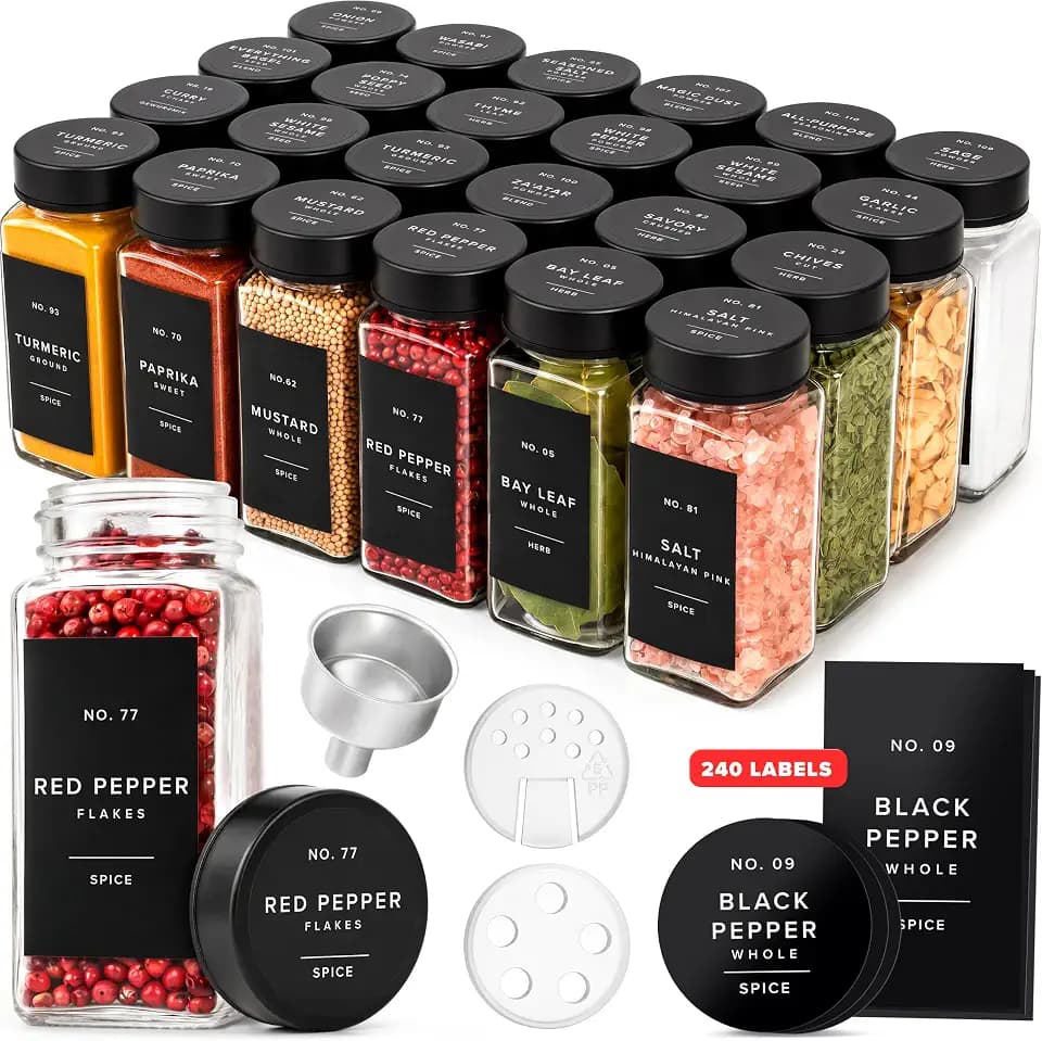 EDELHAUS Glass Spice Jars with Label, Seasoning Set, 24x Black Steel Lids