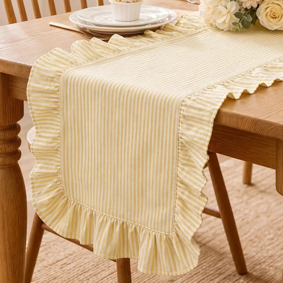 Ruffled Table Runner, Vertical Stripe Yellow, Natural Cotton