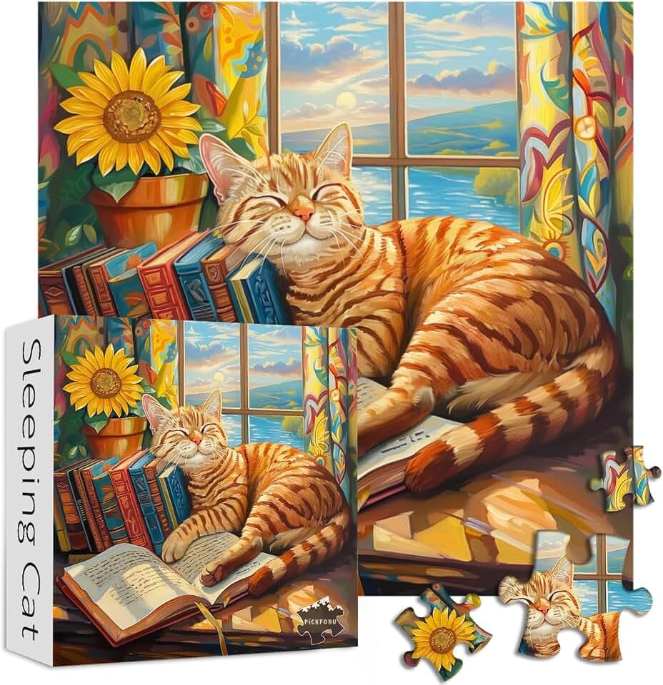 Cat Puzzles for Adults 1000 Pieces, PICKFORU Animal Kitten Jigsaw Puzzles Funny Sleep Kitty, Difficult Unique Book Puzzle for Cat Lovers