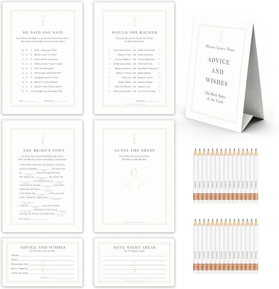 5-in-1 Champagne Gold Bridal Shower Games Set for 30 Guests