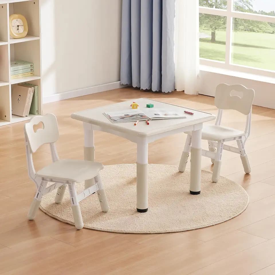 GITAWUSA Kids Study Table and Chairs Set, Height Adjustable Toddler Table and Chair Set for Kids Ages 3-8, 23.6" L x 23.6" W Graffiti Desktop Plastic Children Art Table with 2 Seats, Burlywood