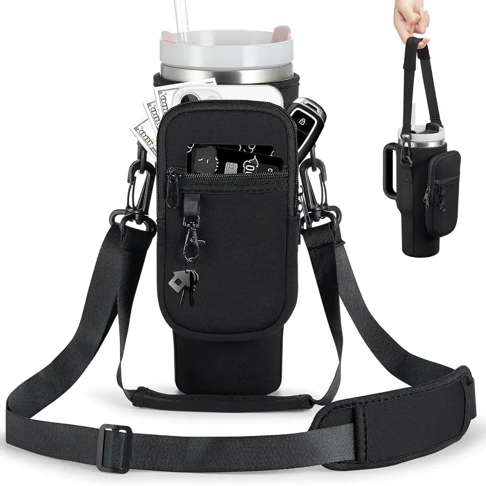 BULKITEM Water Bottle Carrier Bag with Phone Pocket for Stanley 40 & 30 oz Tumbler with Handle,Pink Insulated Neoprene Cup Holder Pouch w/Adjustable Strap for Quencher H2.0 Stanley Cup Accessories