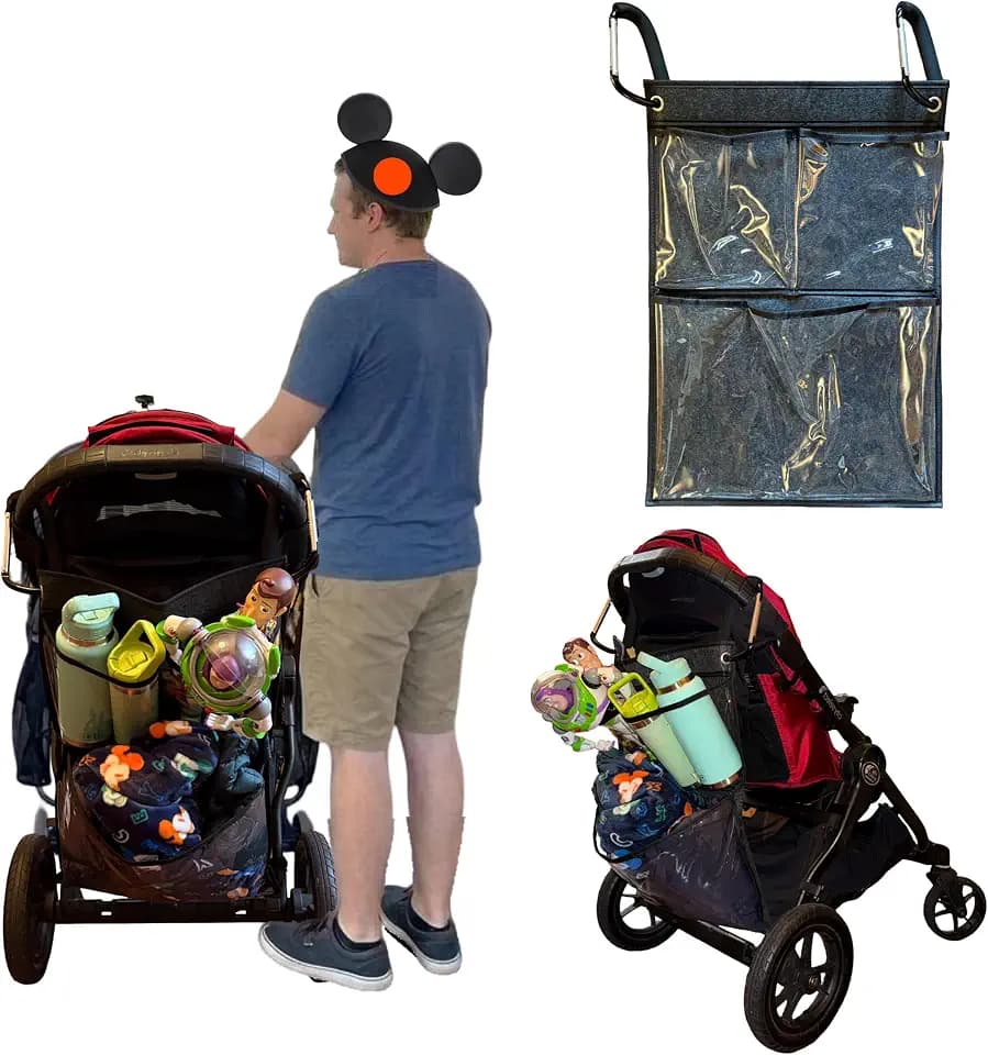 Stroller Ally, Disney World Essential Transparent Stroller Organizer with XL Hooks, Disneyland & Theme Park Travel Accessory (Single or Back/Front Double Stroller)