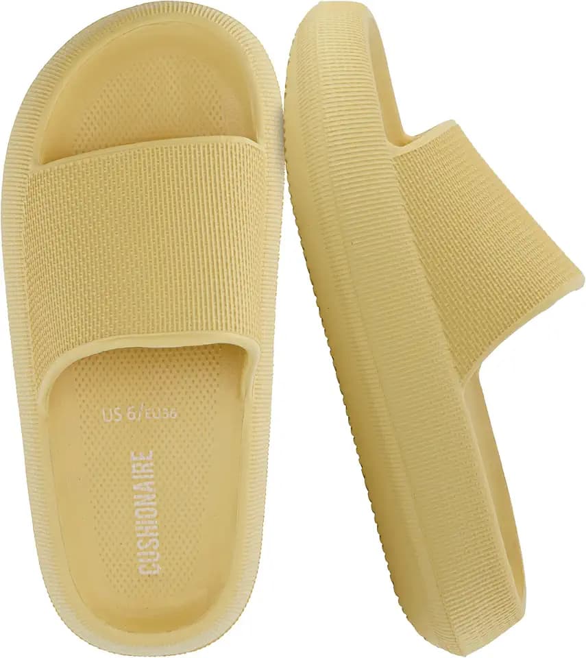 CUSHIONAIRE Feather EVA Slides for Women – Comfortable Slip On Womens Slippers, Indoor Outdoor Shower Shoes, Beach Essential Cloud Slides