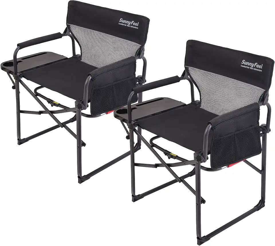 SUNNYFEEL Directors Chair Foldable with Side Table, Heavy Duty Camping & Lawn Chair with Cup & Phone Holder, Breathable Mesh, Side Pocket & Carry Bag, 300 lbs, 2 Pack