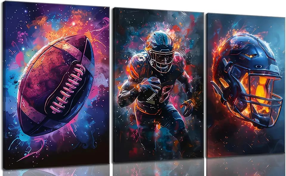 Football Wall Art Set of 3, Flame Graffiti Canvas Art, Unframed, 16x24 in