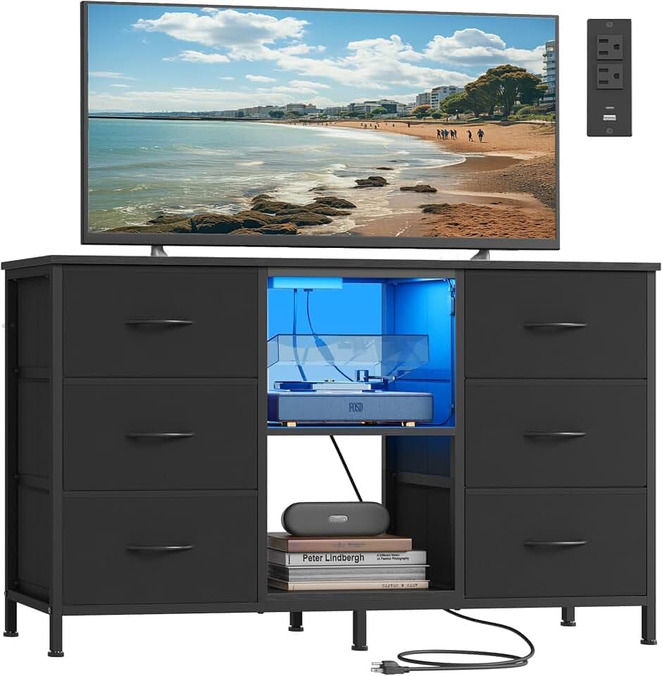 SONGMICS TV Stand for TVs Up to 55 Inches, 6 Fabric Drawers, 2 Shelves