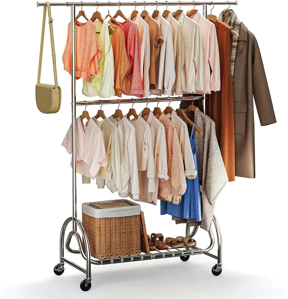 TigerParty Heavy Duty Clothes Rack for Hanging Clothes, Adjustable 2-Tier Rods Garment Rack with 750LBS Load Capacity, Freestanding Clothing Rack with Wheels & Bottom Storage Shelf