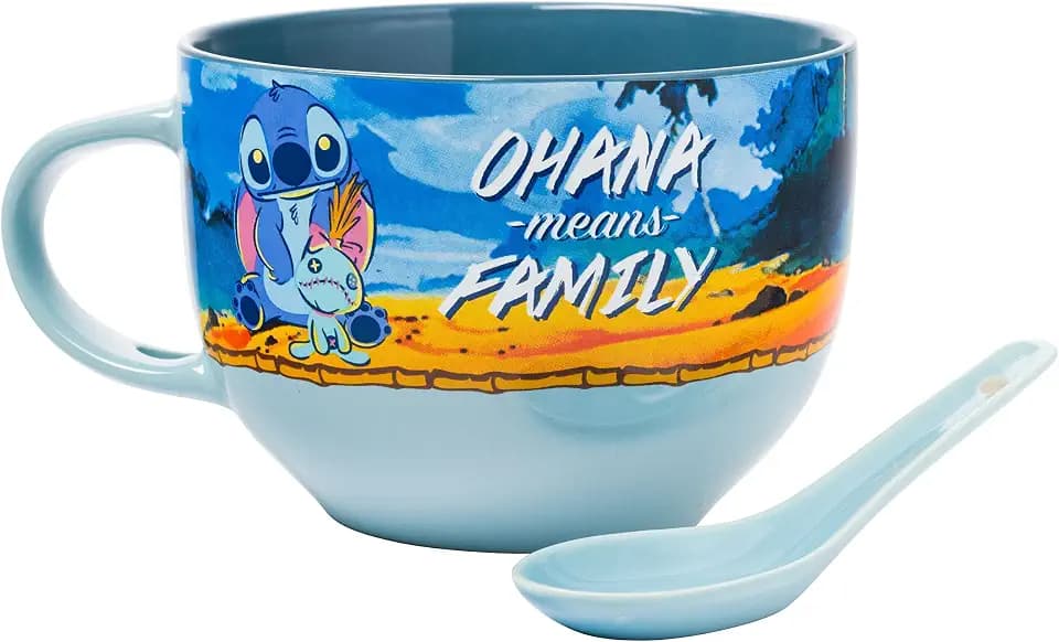 Silver Buffalo Scrump Ohana Family Quote, Ceramic Soup Mug with Spoon, 24oz