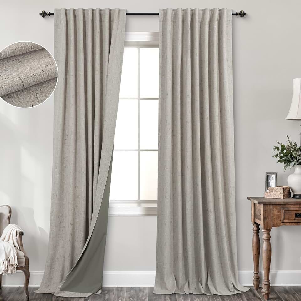 KOUFALL 52x105 Inch Length Taupe Back Tab Linen Blackout Curtains