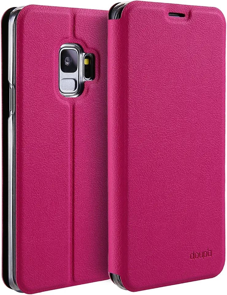 doupi Flip Case für Samsung Galaxy S9, Deluxe Schutz Hülle mit Magnetischem Verschluss Cover Klappbar Book Style Handyhülle Aufstellbar Ständer, rot pink