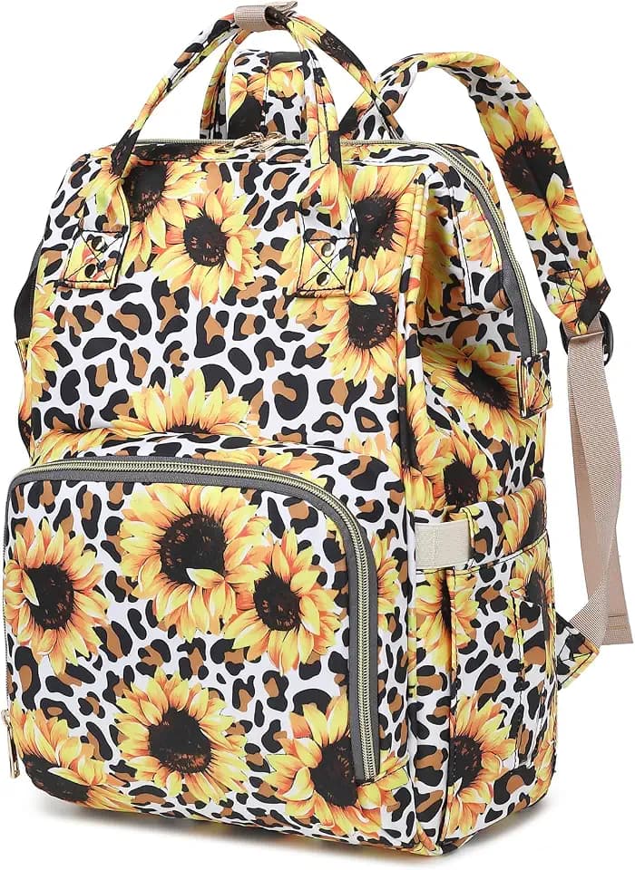 Leopard Sunflower Baby Diaper Bag Backpack for Girls Boys, Waterproof Large Maternity Nappy Bags for Mom