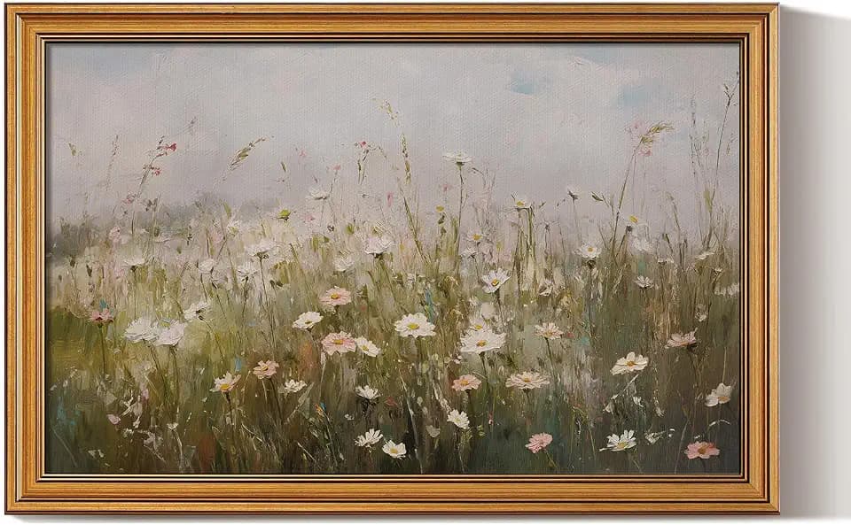 WHASAYART Gold Framed Vintage Wall Art for Living Room Wildflower Field Landscape Decor Aesthetic Gift for Mom Oil Painting Flower Wall Print Floral Pictures Canvas Artwork Shelf Decor 16x24in