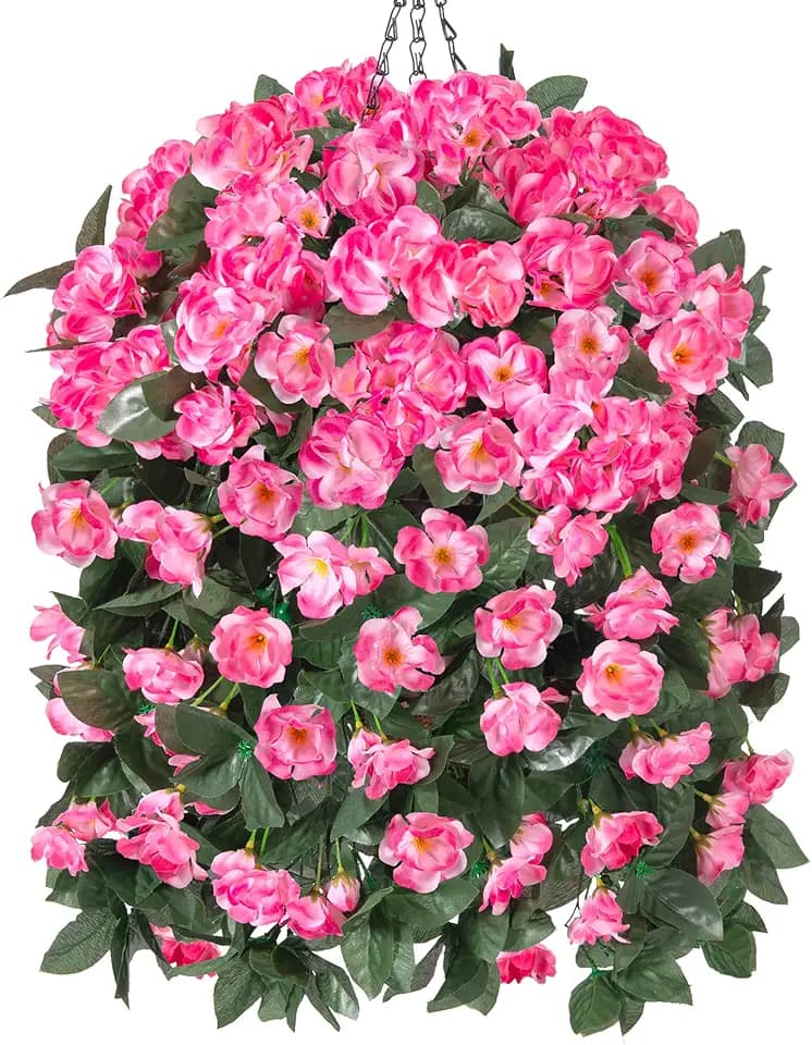 Fake Geraniums Artificial Hanging Flowers Fall Basket for Outdoors, Faux Hanging Plants Outdoor Silk Geraniums Vines in Planter UV Resistant Realistic for Outside Porch Yard Balcony Patio, Pink