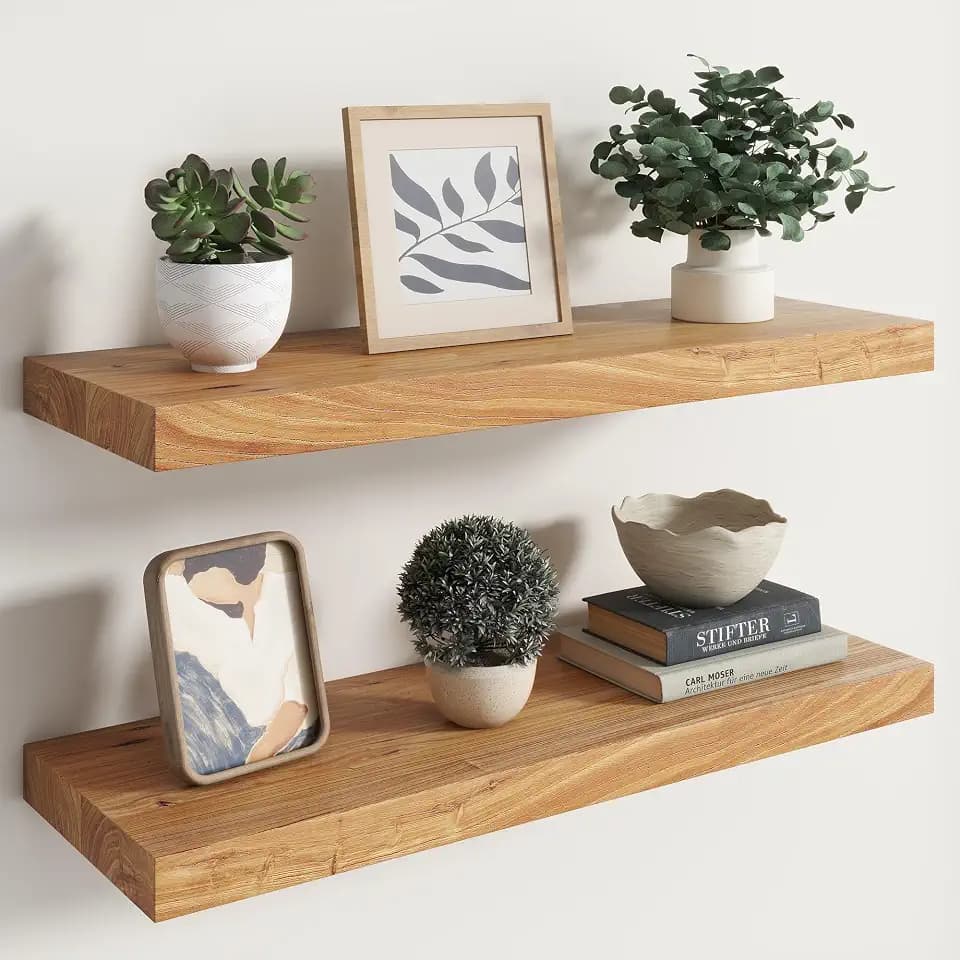 RICHFOCUS Elm Floating Shelves for Wall - 30" W x 9.3" D Rustic Solid Wood Shelves with Invisible Bracket, Wall-Mounted for Living Room, Bedroom, Kitchen Storage & Display, Set of 2, Natural