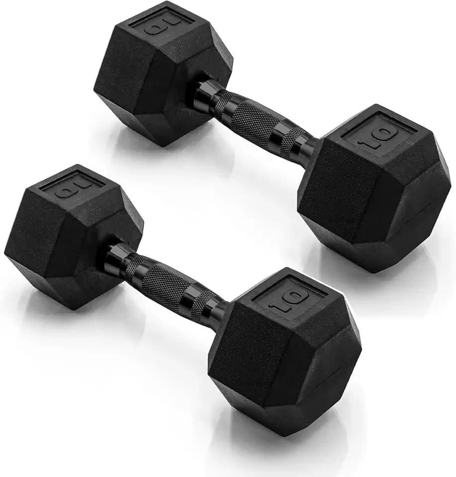 CAP Rubber Coated Dumbbell Weights, Free Weights for Home Gym Strength Training, Anti-Roll Hex Dumbbells with Black, Chrome & Comfort Grip Handles, Pairs & Sets