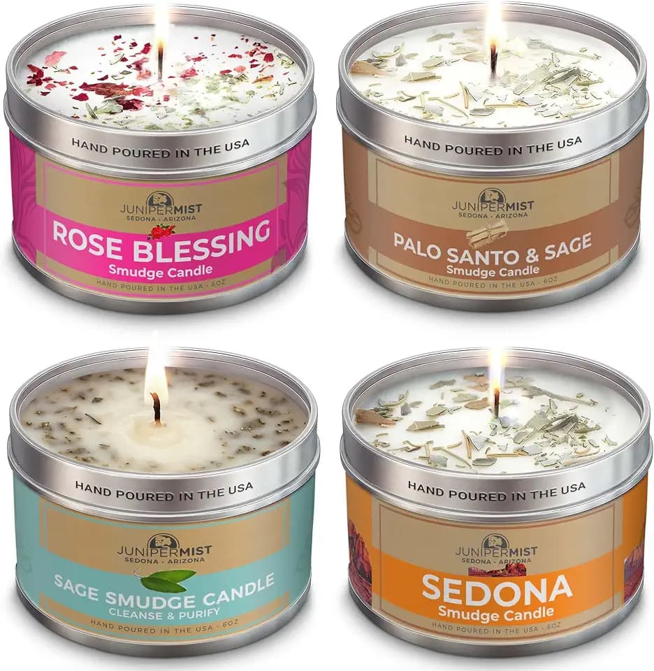 Smudge Candle Gift Set (4x6oz) – Love, Grounding, Cleansing & Awakening – Soy Wax Aromatherapy Candles – Sage, Rose, Palo Santo & Sedona – Spiritual for Protection, Intention & Healing