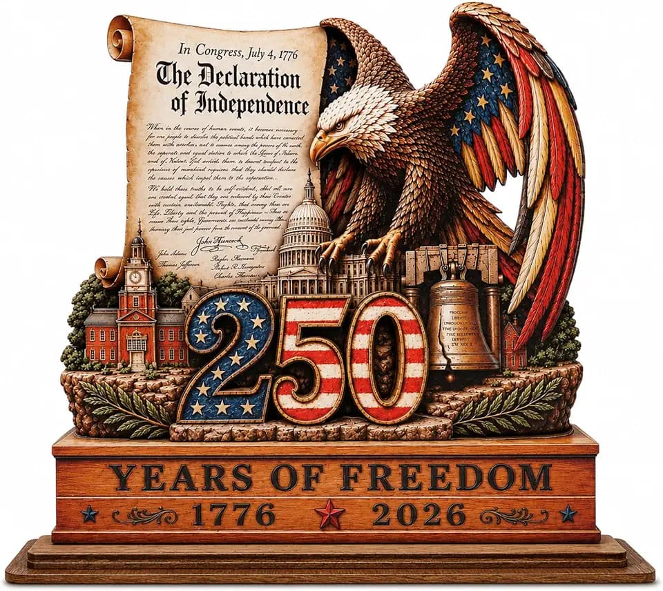 USA 250th Anniversary Merchandise Tabletop Decor - Eagle Acrylic Plaque with Wooden Base - 4th of July Decorations, Independence Day Remembrance Present (Liberty Eagle)
