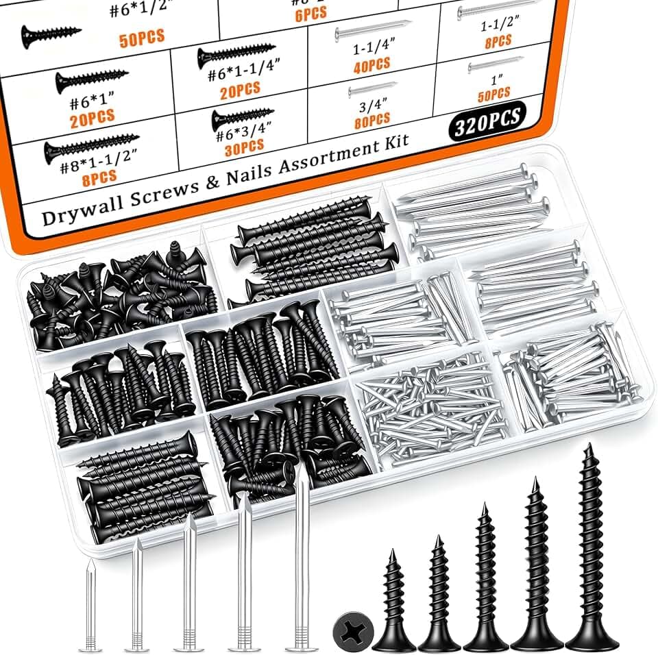 Dianrui Nails & Wood Screws Assortment Kit, 320 PCS #6#8 Philips Black Drywall Screws Set and High Hardness Hardware Small Nails for Picture Hanging/DIY Repair Project Length 1/2" to 2"
