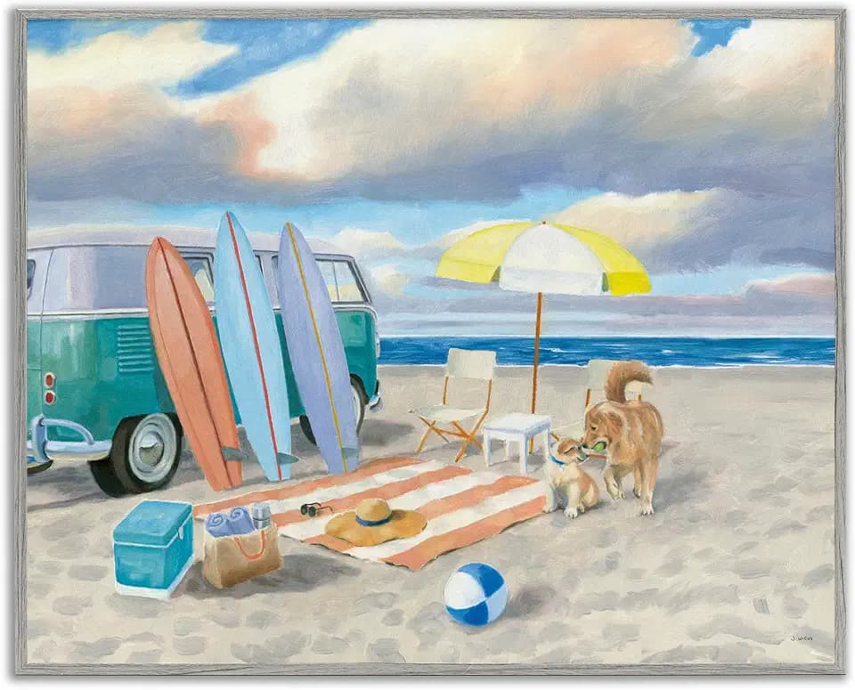 'Summer Beach Scene Retro Van Surfboards Dogs'| Framed Giclee Art