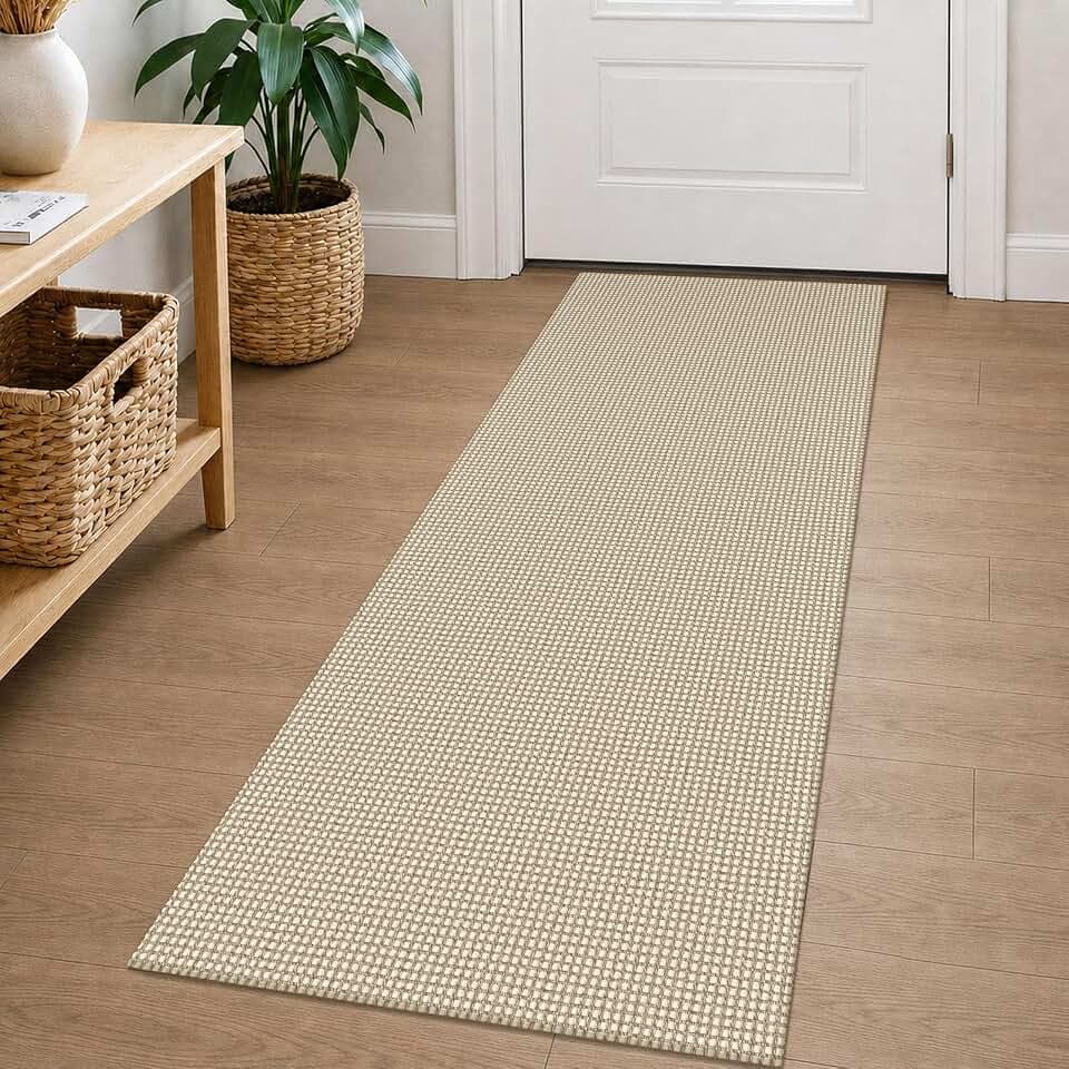 EARTHALL Woven Runner Rug 2x5 Ft Washable Runners for Hallways Cotton Non Slip Rubber Backed Kitchen Runner Braided Indoor Floor Carpet for Entryway, Hallway, Kitchen, Bedroom, Beige/Ivory