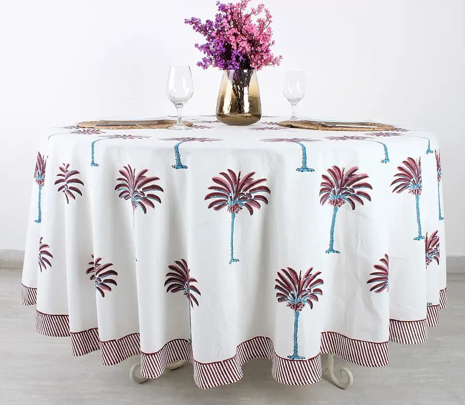 Ridhi Hand Block Print Round Tablecloth Red Palm 60 Inch 100% Cotton