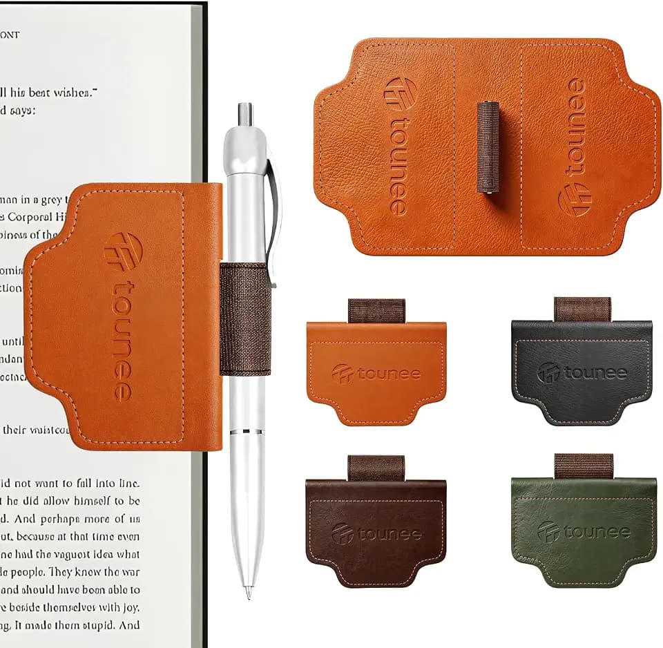 Tounee 4-Pack Magnetic Leather Bookmarks with Integrated Pen Holder, Essential Reading Accessories for Book Lovers & Avid Readers, Slim Page Markers for Bible Study, Journaling & Planners