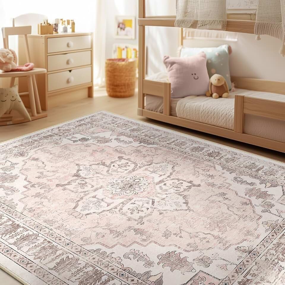 BESTSWEETIE Washable Boho 5x7 Area Rug for Living Room, Pink Beige Grey