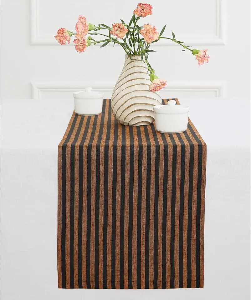 Solino Home 100% Linen Table Runner, 14 x 90 in, Pumpkin and Black Striped