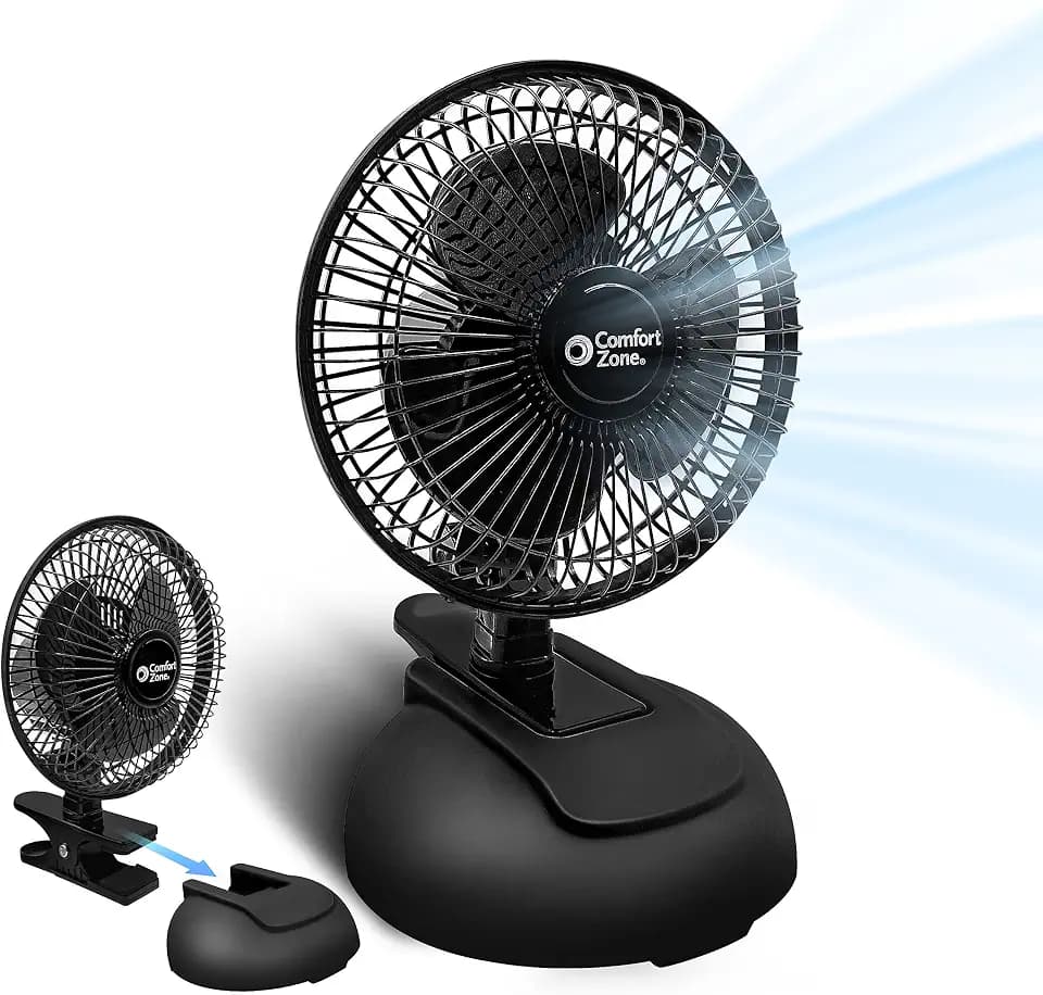 Comfort Zone CZ6XMBK 6” 2-Speed Combo Clip or Desk Fan with Removable Base, Strong Clamp for Firm Grip, Suitable for Bedroom, Office, or Dorm Room, Black