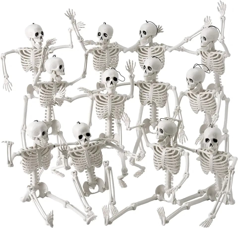 JOYIN 12 PCS 16" Halloween Skeleton Decor, Full Body Movable Stayable Joints Plastic Skeleton, Posable Hanging Skeletons for Halloween Decoration Indoor Outdoor, Graveyard Yard Party Decor