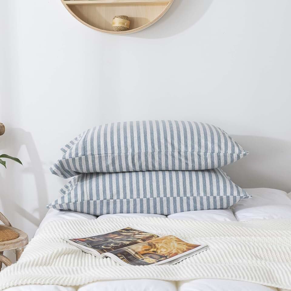 H HOUSEHOLD 100% Jersey Knit Cotton Queen Size Pillowcases Set of 2, Super Soft Breathable Pillow Cases for Sleeping, Envelope Closure, Stretchy T-Shirt Fabric (Blue Stripe, Queen Size Pillowcase)