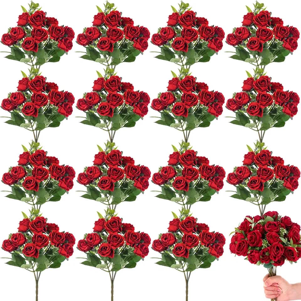 Zeyune 16 Bunches Artificial Rose Bouquet, Red