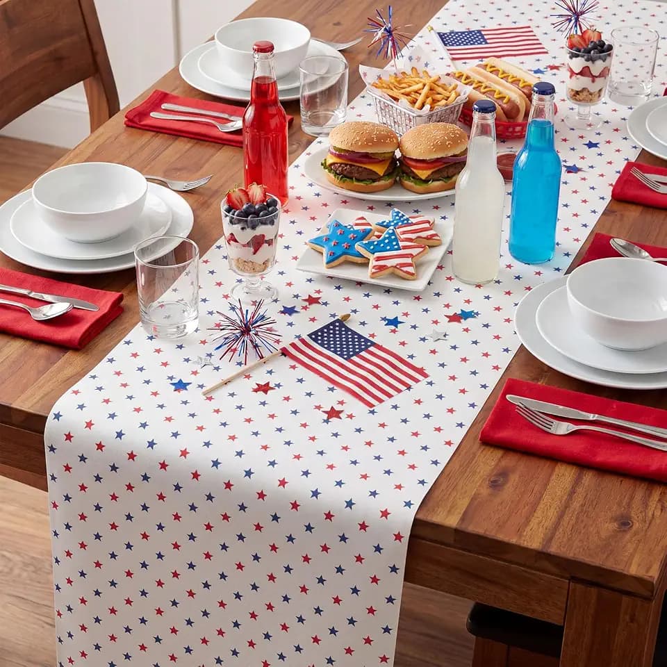 Moukeren 4th of July Patriotic Paper Table Runner Roll, 25' x 16" 250th Anniversary 4th of July Disposable Table Runner Red White Blue USA Stars Tabletop Decorations for Independence Day Party Supply