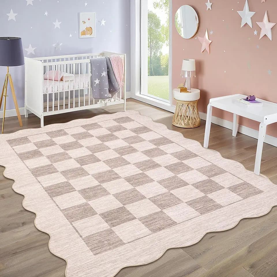 Checkerboard Area Rugs 5x7 Ultra-Soft Scalloped Throw Carpet Non-Slip Washable Indoor Rug Contemporary Low Pile Non-Shedding Plaid Floor Rugs for Bedroom Nursery Dorm Playroom Scalloped Beige