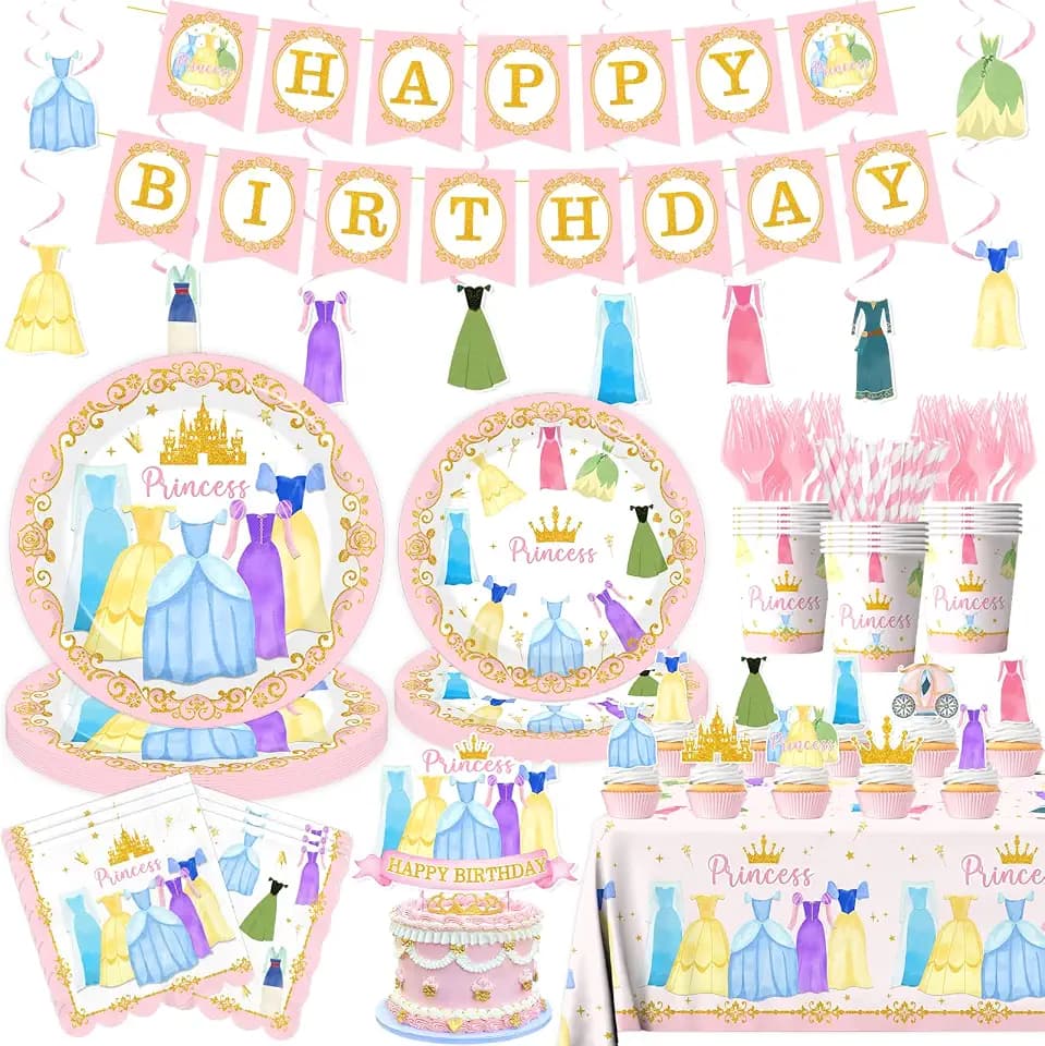 Princess Birthday Party Decorations,181pcs Princess Party Decorations Tableware Pink Princess Plates and Napkins Cups Tablecloth Banner Hanging Swirls Cake Topper for Girl Birthday Supplies,Serve 24