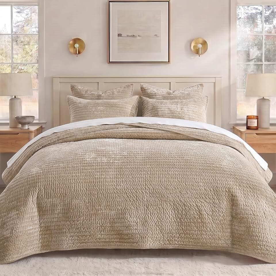 BEDELITE Velvet Quilt Set King Size, Luxury Velvet Comforter Bedding