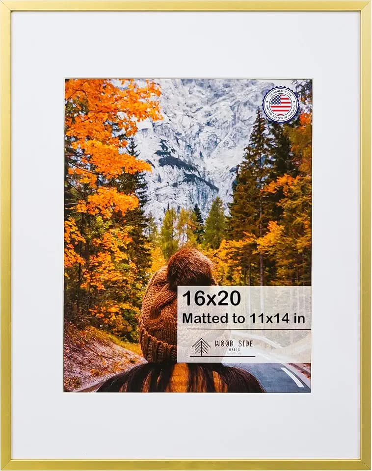 WOOD SIDE ORBIS 16x20 Aluminum Metal Picture Frame with Mat 11x14 - Wall Display Glass Poster Photo Frames, Gold
