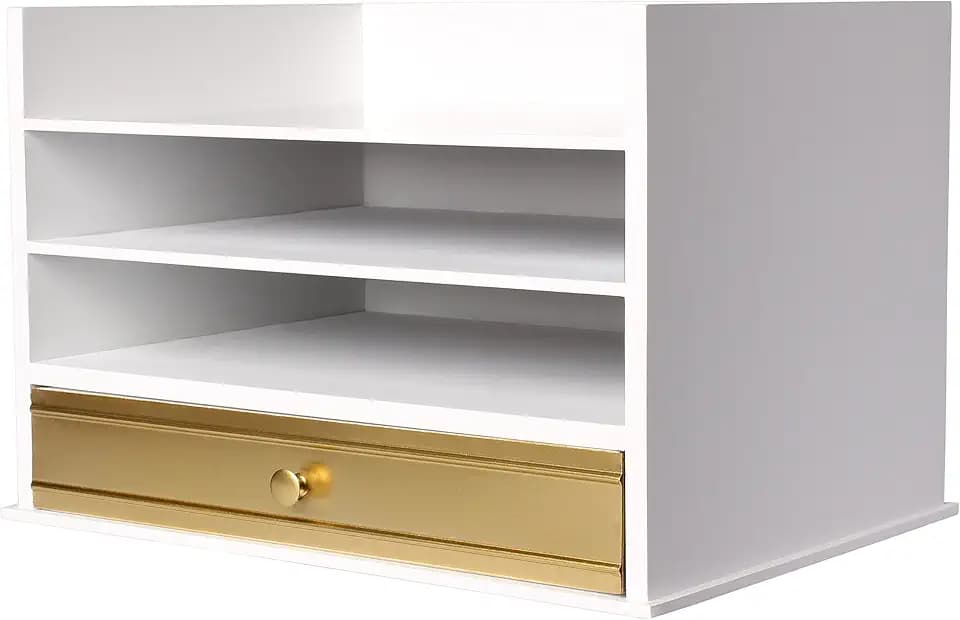 Kate and Laurel Industrious Desktop Wood Letter Tray with 3 Trays and Drawer, White and Gold