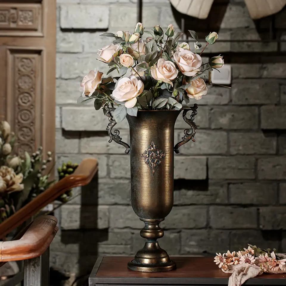 Vintage Metal Vase, Antique Bronze European Urn with Handles