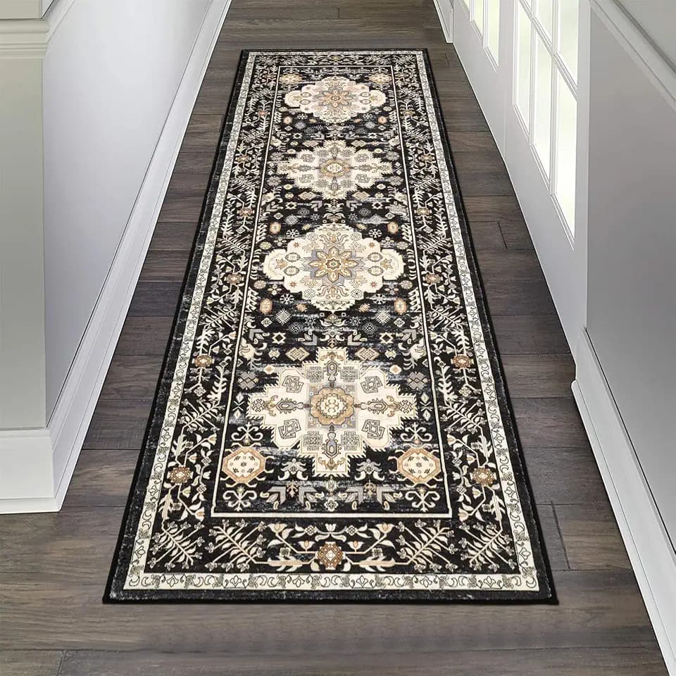 Pauwer Hallway Runner Rug 2x6, Washable Boho Kitchen Runner, Vintage Black
