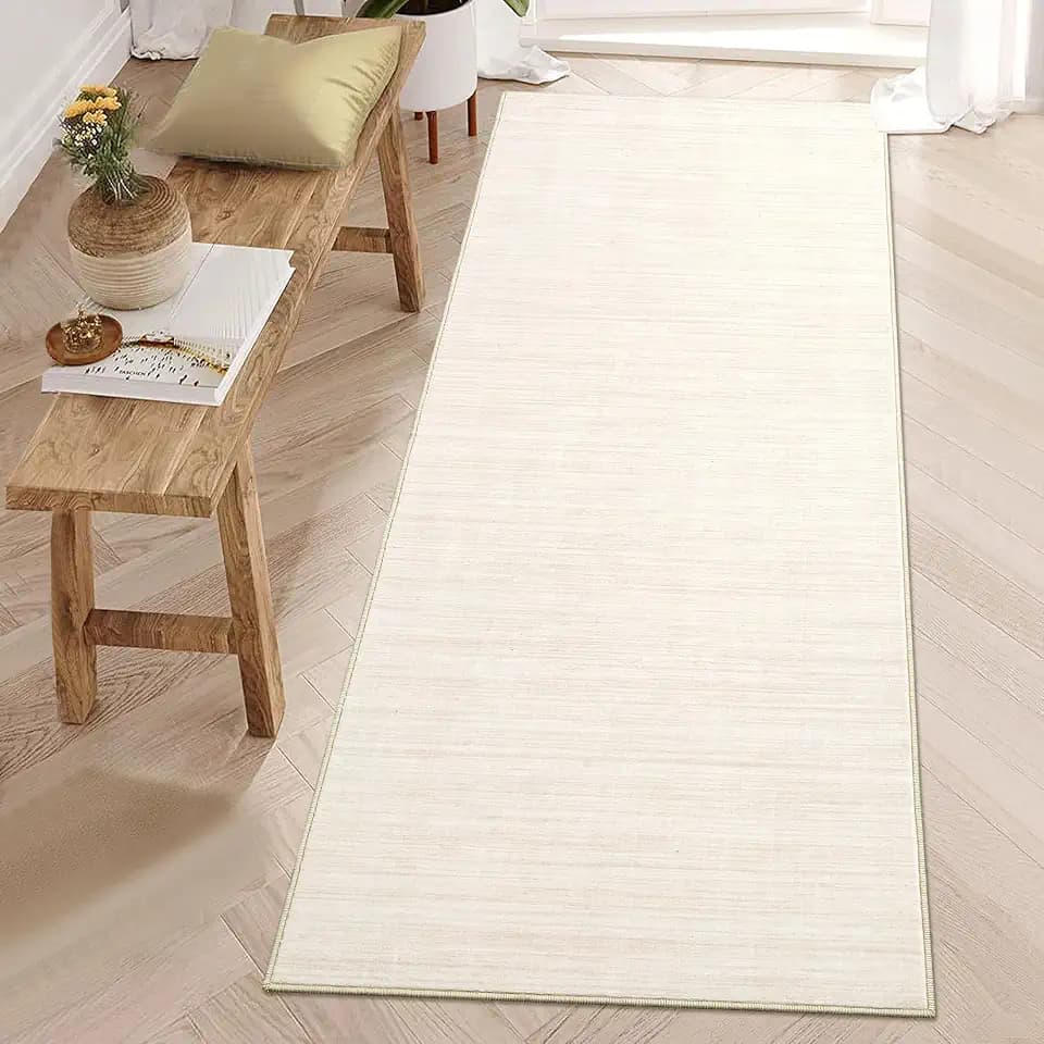 Hallway Runner Rug 2.5x8 Washable Non Slip Kitchen Runner Rugs Low Pile Modern Solid Color Living Room Rugs Minimalist Plain Entry Long Runners Boho Accent Solid Runner Rugs for Bedroom Nursery, Ivory